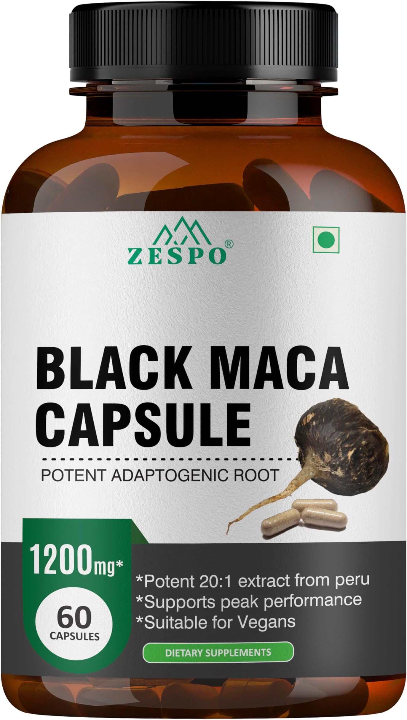 ZESPO Black Maca Root Extract 1200mg - Premium 20:1 Peruvian Adaptogen - Performance & Energy Booster - Vegan-Friendly