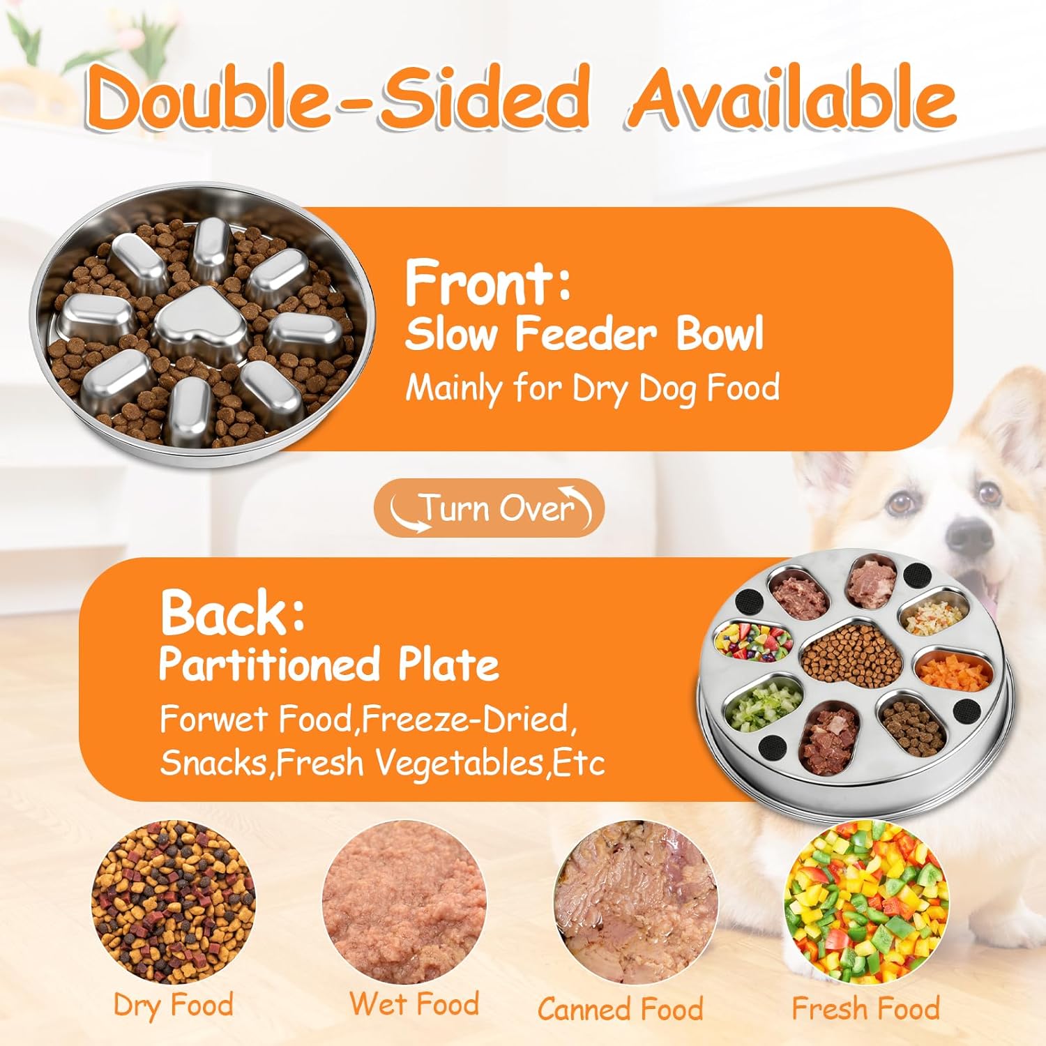 Stainless Steel Slow Feeder Dog Bowl - 4 Cups Metal Pet Food Bowl with Non Slip Base,Dishwasher Safe,Slows Down Eating,Help with Digestion Wet and Dry Kibble for Pupy/Small Medium Large Dogs/Cat
