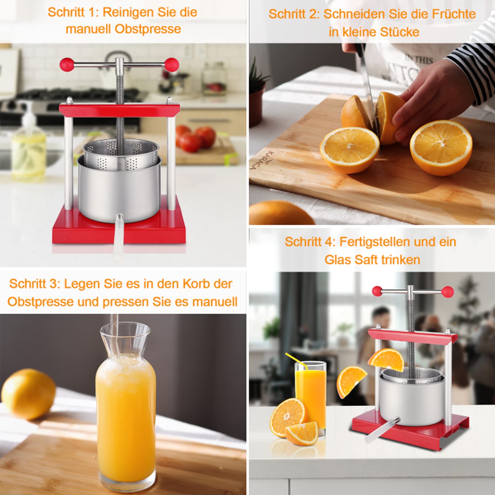ACXIN 3L Obstpresse Edelstahl Weinpresse Saftpresse Manuell Fruchtpresse Apfelpresse Beerenpresse für Obstladen, Restaurants, Familienfeste, Selbstbrauen