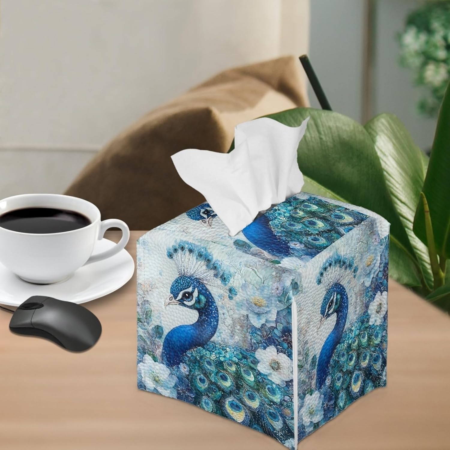 Floral Peacock Square Tissue Box Cover, Paper Napkin Storage Holder, Tissue Box Holder for Bathroom Farmhouse Decor, Bathroom Accessories image 4