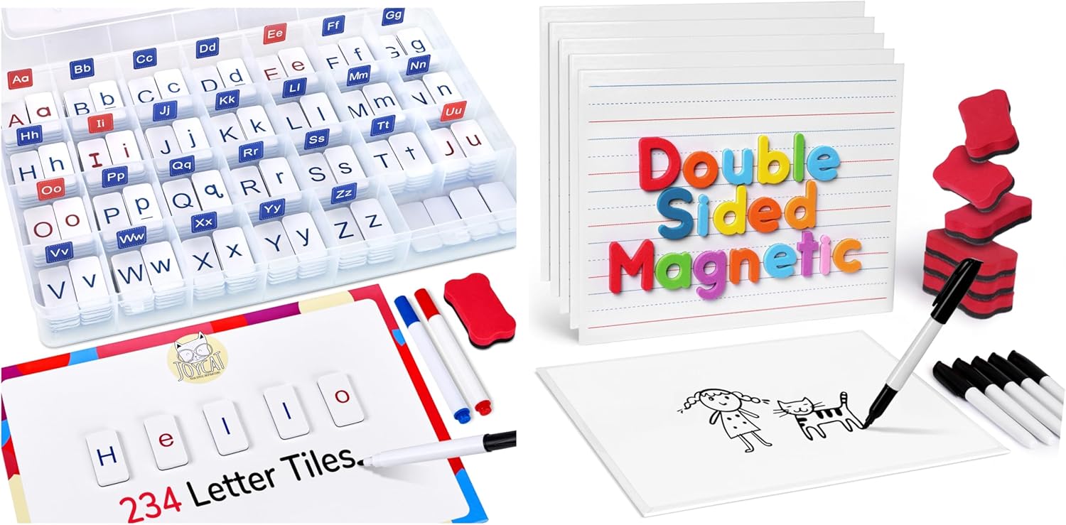 GAMENOTE White Board Dry Erase+Classroom Magnetic Letter Tiles for Phonics and Spelling-JoyCat 234 Foam Alphabet Tiles Magnetic Letters with Double-Side Magnet Board and Compartment Storage Case