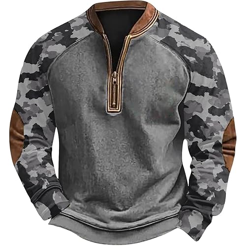 Camoflauge Quarter Zip Sweatshirt Men Plus Size Military Long Sleeve Fall Camouflage Pullover Sweatshirts
