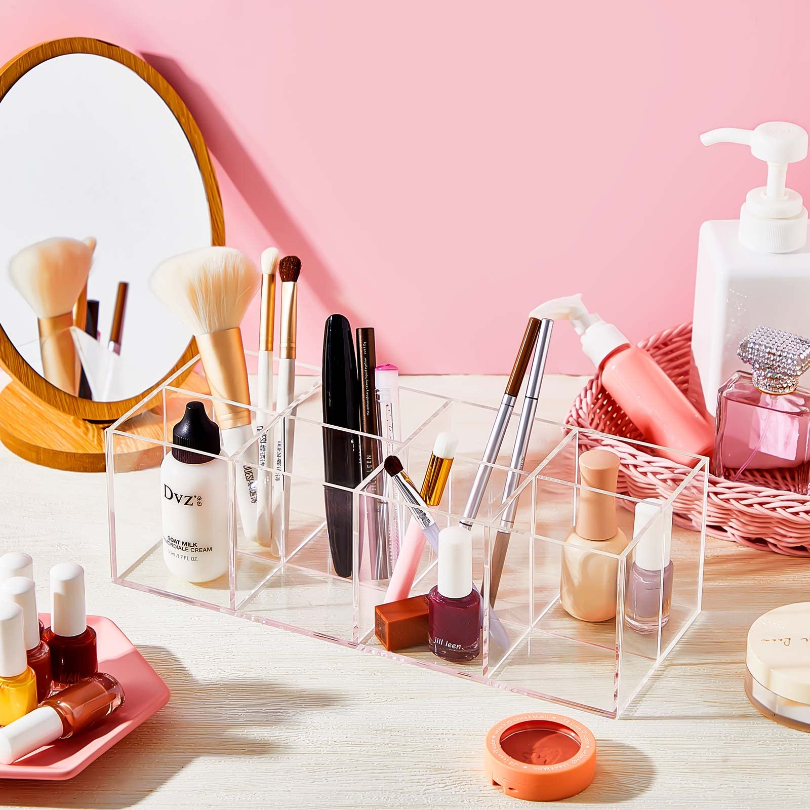 Organizador de plástico transparente para cajones de baño, 8 compartimentos, organizadores de tocador y almacenamiento, cubo cuadrado, organizador de maquillaje acrílico, soporte profundo para brochas