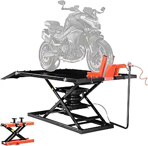 VEVOR Motorcycle Lift Table, 1500lbs Capacity, Pneumatic Jack, Adjustable Height, Removable Workbench