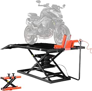 VEVOR Motorcycle Lift Table, 1500 lbs Capacity, Pneumatic Jack, 8.6-31 in Height, Heavy Duty Bike Repair Stand with Removable Workbench