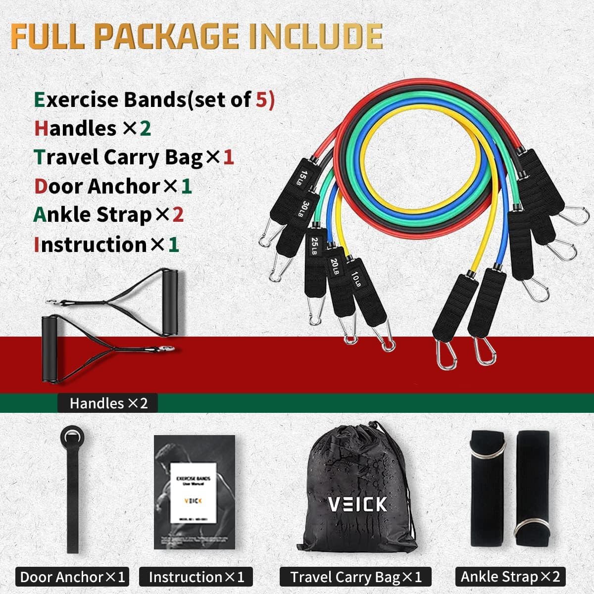 Veick Widerstandsbänder-Set, Trainingsbänder, Übungsbänder, 5 Röhren-Fitnessbänder mit Türanker, Griffen, tragbare Tasche, Beine, Knöchelriemen für Muskeltraining, Physiotherapie, Formkörpertraining, Heimtraining | Akkreditiertes Labor zertifiziert, 100%