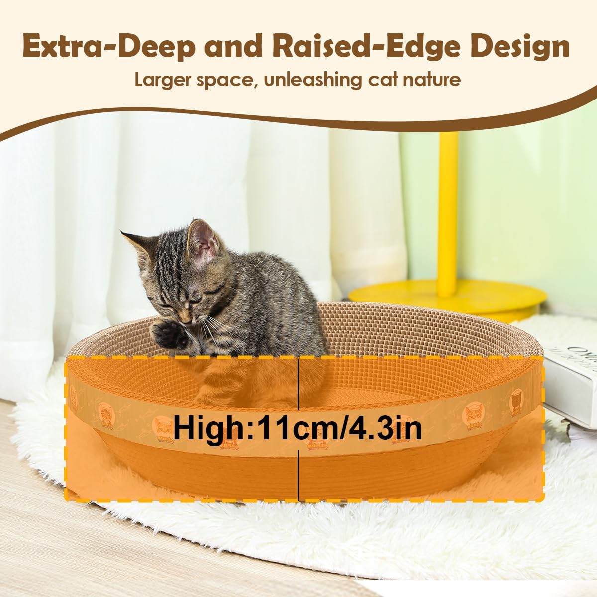 Large Cat Scratcher Bed, 16.9" x 16.9" x 3.9" Cat Scratch Cardboard with 2‑in‑1 Design, Scratching Board Pad for Indoor Cats Kitty Kittens, Scratch Bowl Lounge House Couch, Furniture Protector, Round