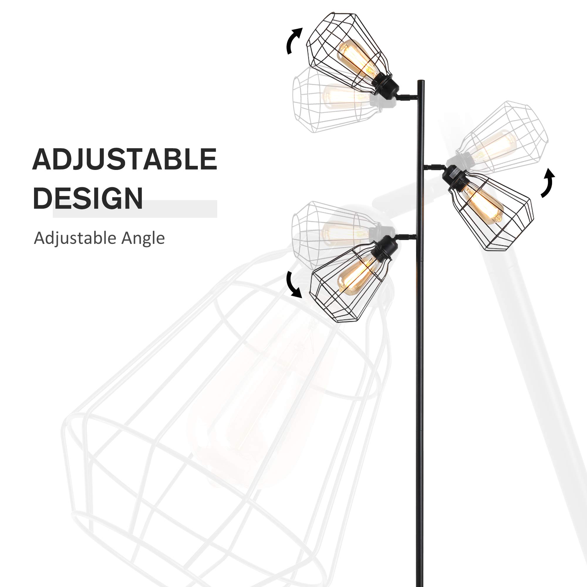 HOMCOM Lampada da Terra in Stile Industriale con 3 Paralumi Regolabili, Interruttore a Pedale, Acciaio Nero, Ф36 x 165cm