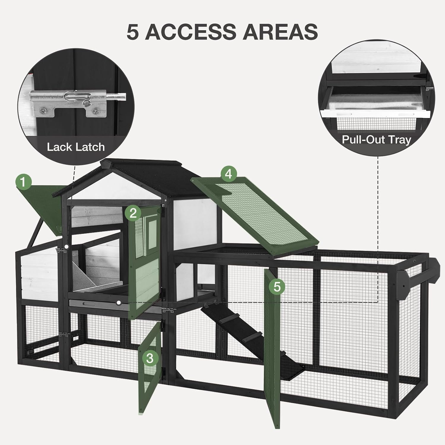82.4’’ Large Chicken Coop, Mobile Chicken Tractor with Wheels, Chicken House with Nesting Boxes, Waterproof Roof, Leakproof Tray, Wooden Hen Chicken Coops with Run (Black)