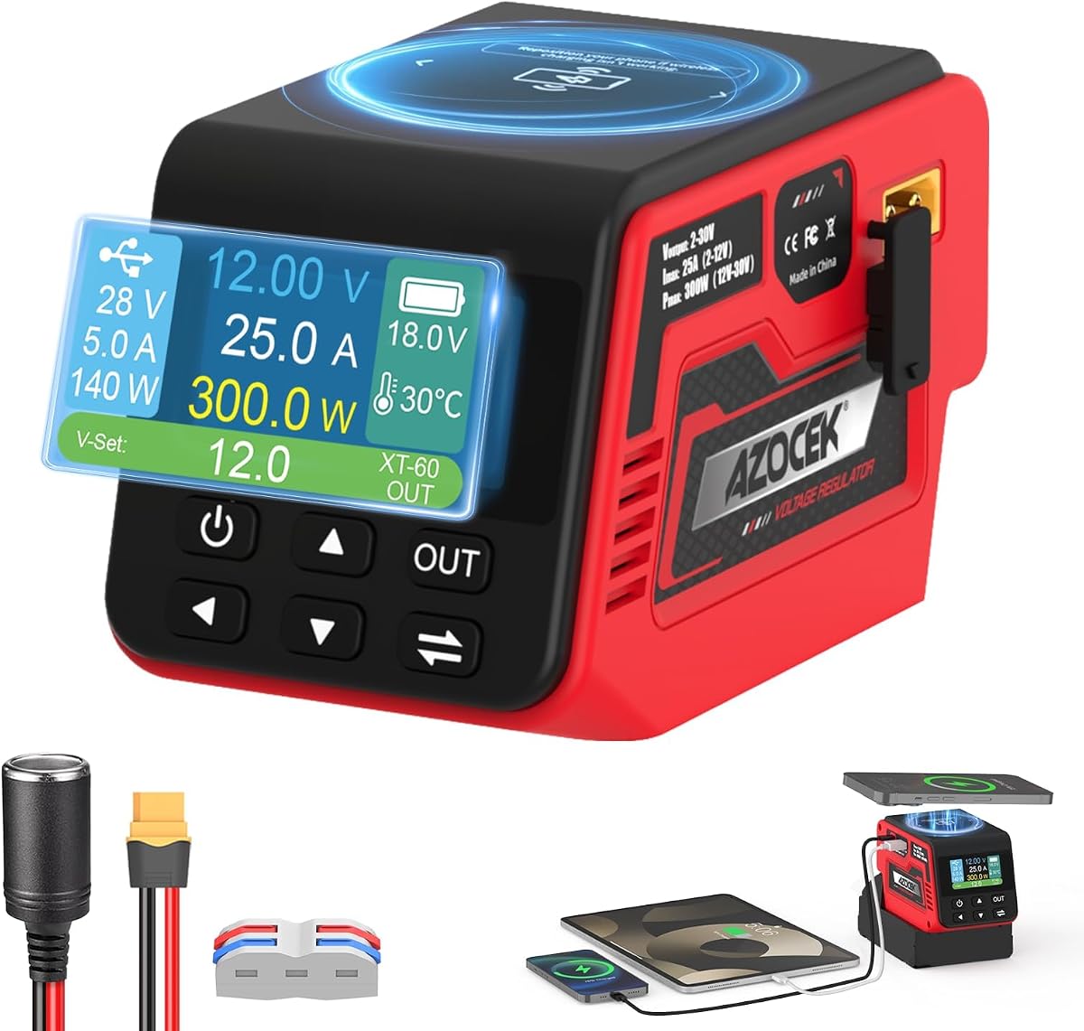 Azocek 300W Voltage Regulator Compatible with Milwaukee 18V Battery | NO Battery, 2–30V DC Adjustable Output, Up to 25A, 140W Type-C PD Fast Charging, 15W Wireless Charger, 1.9" LCD Display