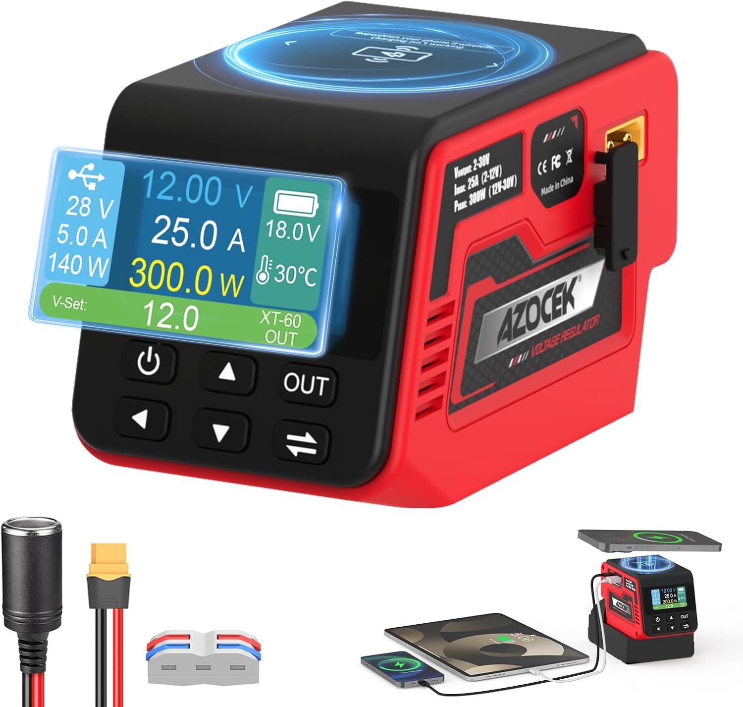 Azocek 300W Adjustable Voltage Regulator Compatible with Milwaukee 18V Battery (Battery Not Included), 2–30V DC Output, Up to 25A, 140W Type-C PD Fast Charging, 15W Wireless Charger, 1.9" LCD Display