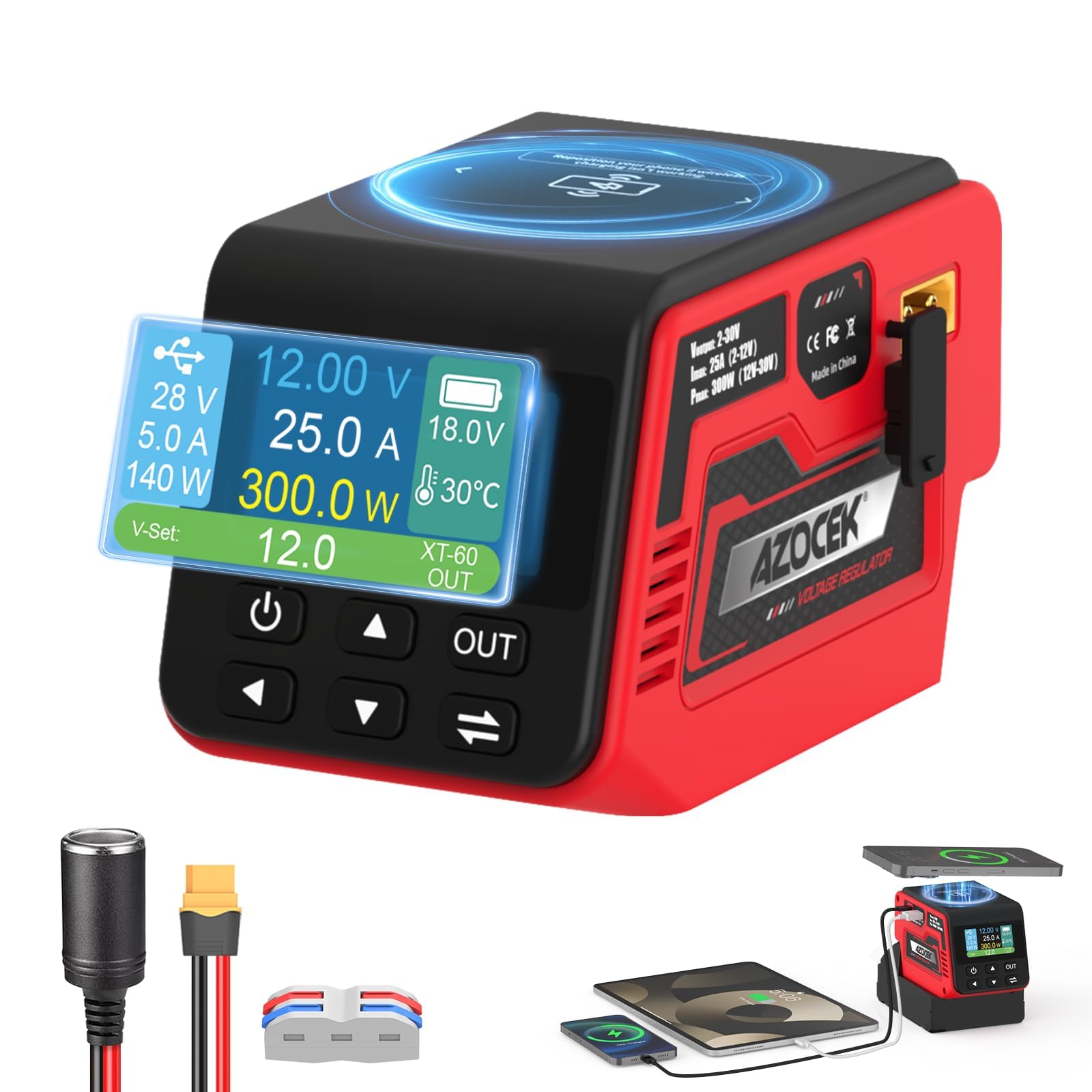 Azocek 300W Adjustable Voltage Regulator Compatible with Milwaukee 18V Battery (Battery Not Included), 2–30V DC Output, Up to 25A, 140W Type-C PD Fast Charging, 15W Wireless Charger, 1.9" LCD Display