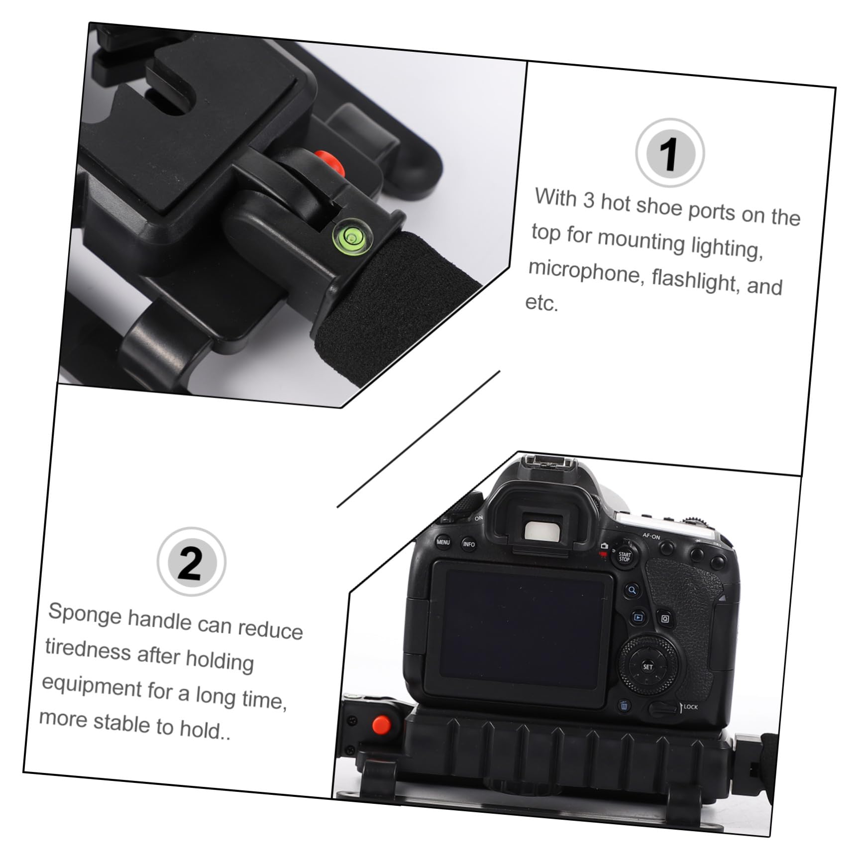 Stabilizzatore Manuale Pieghevole per Fotocamera Vite 1/4 | Nero, Impugnatura in Spugna, 3 Attacchi Hot Shoe, Supporto per Fotocamere Reflex e Smartphone