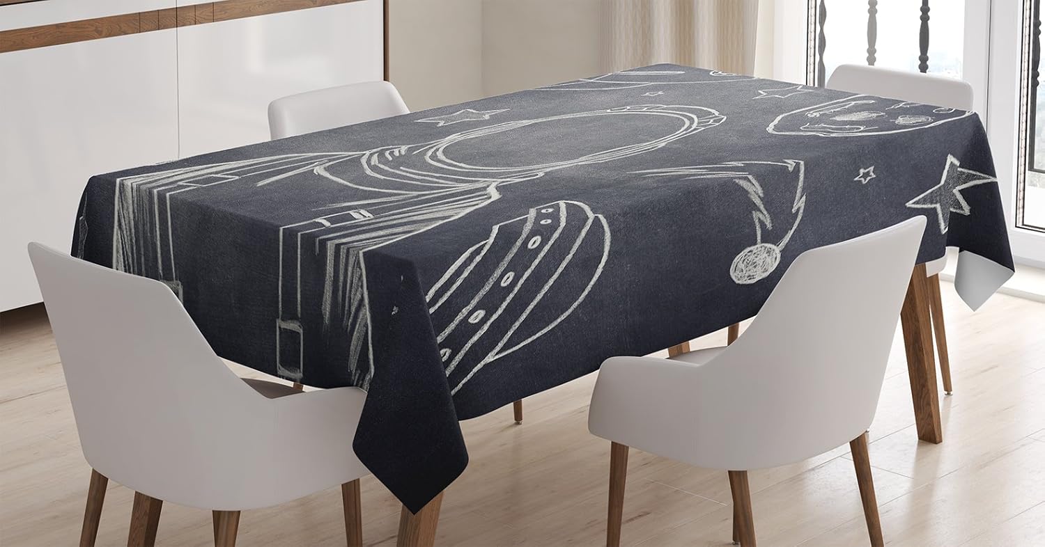 Ambesonne Modern Tablecloth, Space Backdrop with Planets and Sketchy Astronaut Asteroid Galaxy Image, Rectangular Table Cover for Dining Room Kitchen Decor, 52" X 70", Blue White 52" X 70" Blue White