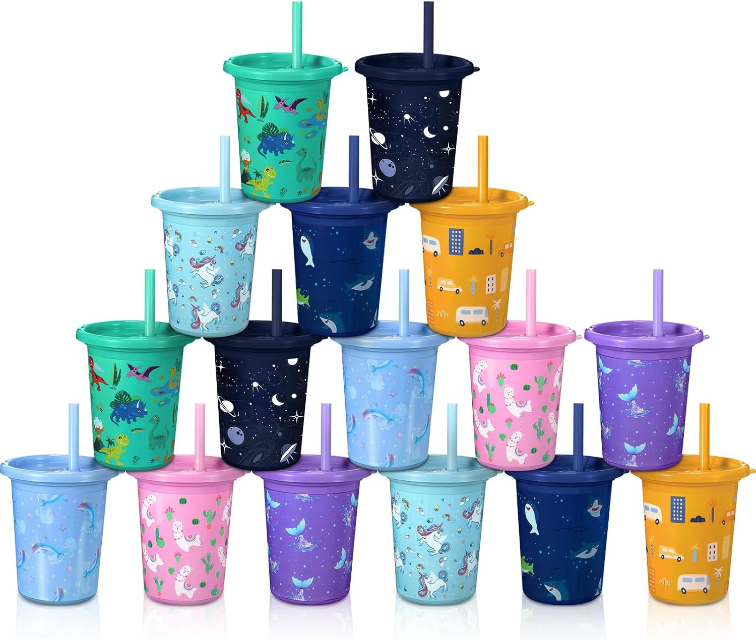 Nuanchu 16 Pcs Plastic Kids Cups with Lids and Straws 10 oz Kids Cups with Straws and Lids for Christmas Gifts Girls Boys Party Smoothie, Reusable Cute Cups - Image 2