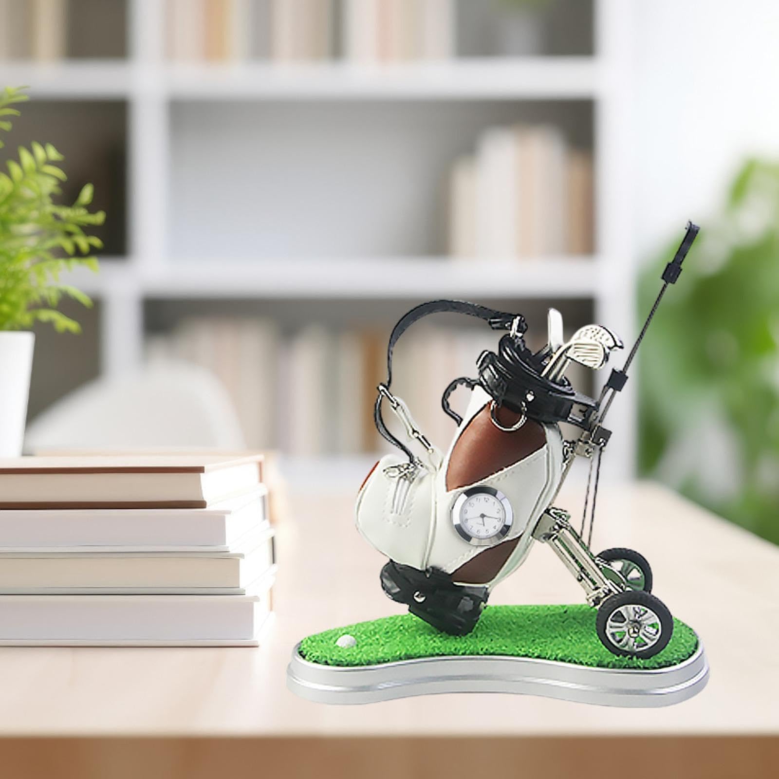 Golf Bag Pen Holder Mini Golf Tasche Stifthalter mit Uhr Und Kuli Halter Aus Robustem PU Und Metall für Geschenk Büro Zuhause Schreibtischdekora, Braun Weiß