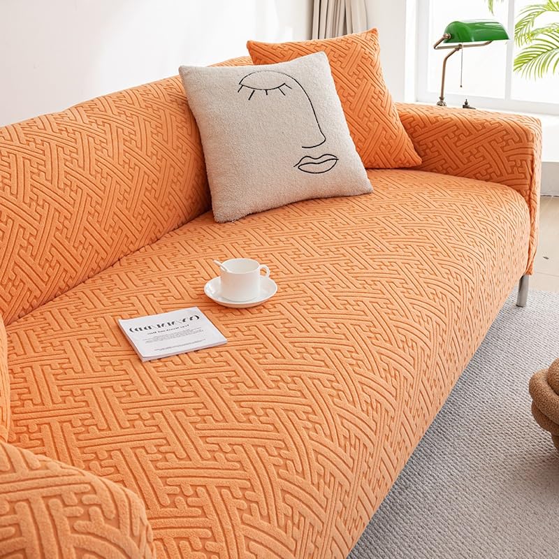 Housse de canapé 5 places orange velours extensible 305-350 cm