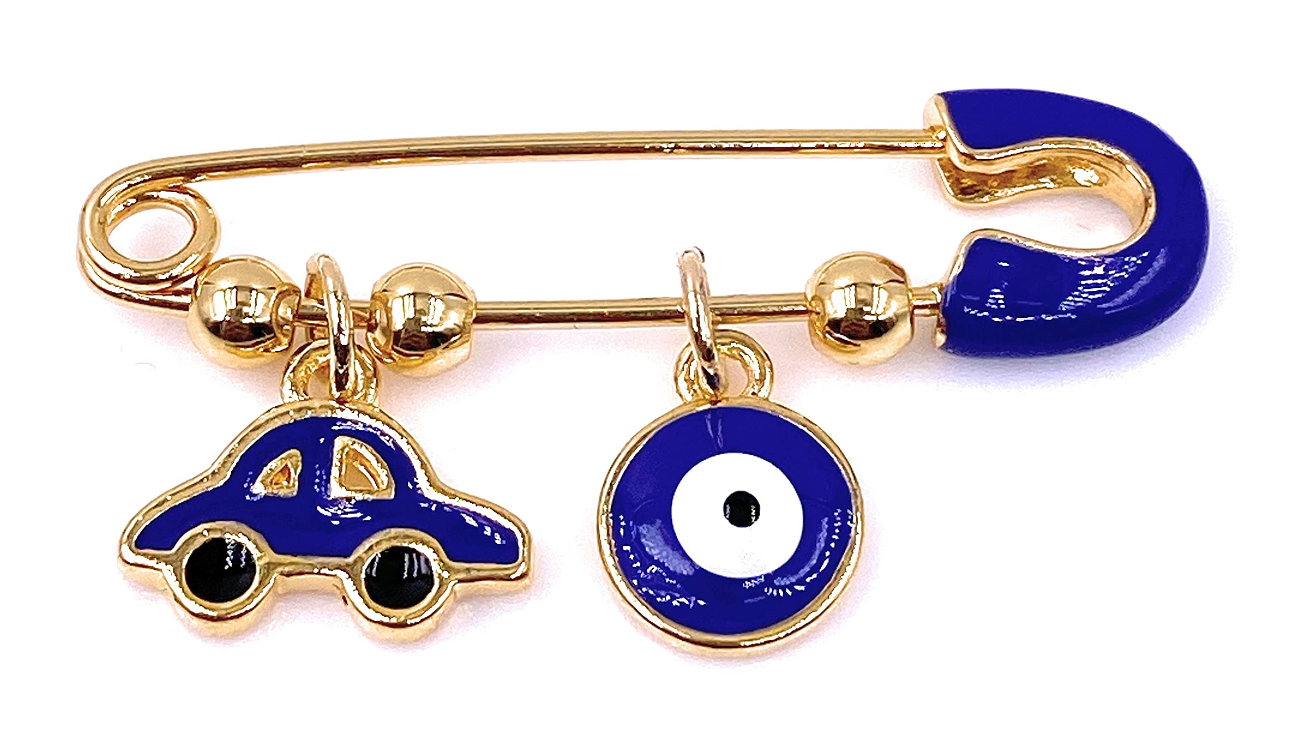 LESLIE BOULESIt's A Boy 18K Gold Plated Brooch Pin for Baby Blue Evil Eye & Tiny Car Pendants Cute Jewelry