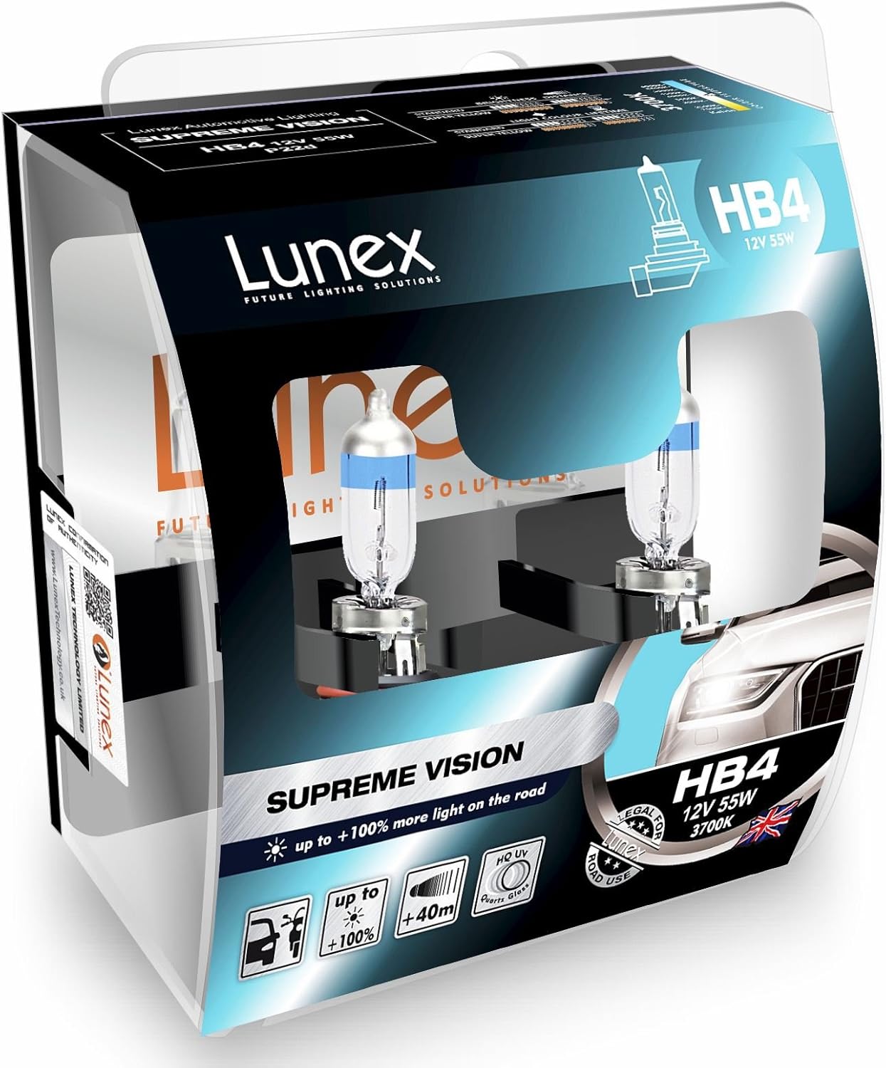 LUNEX HB4 9006 SUPREME VISION Headlight Halogen Bulbs 12V 55W P22d + 100% more light 3700K duobox (2 units)