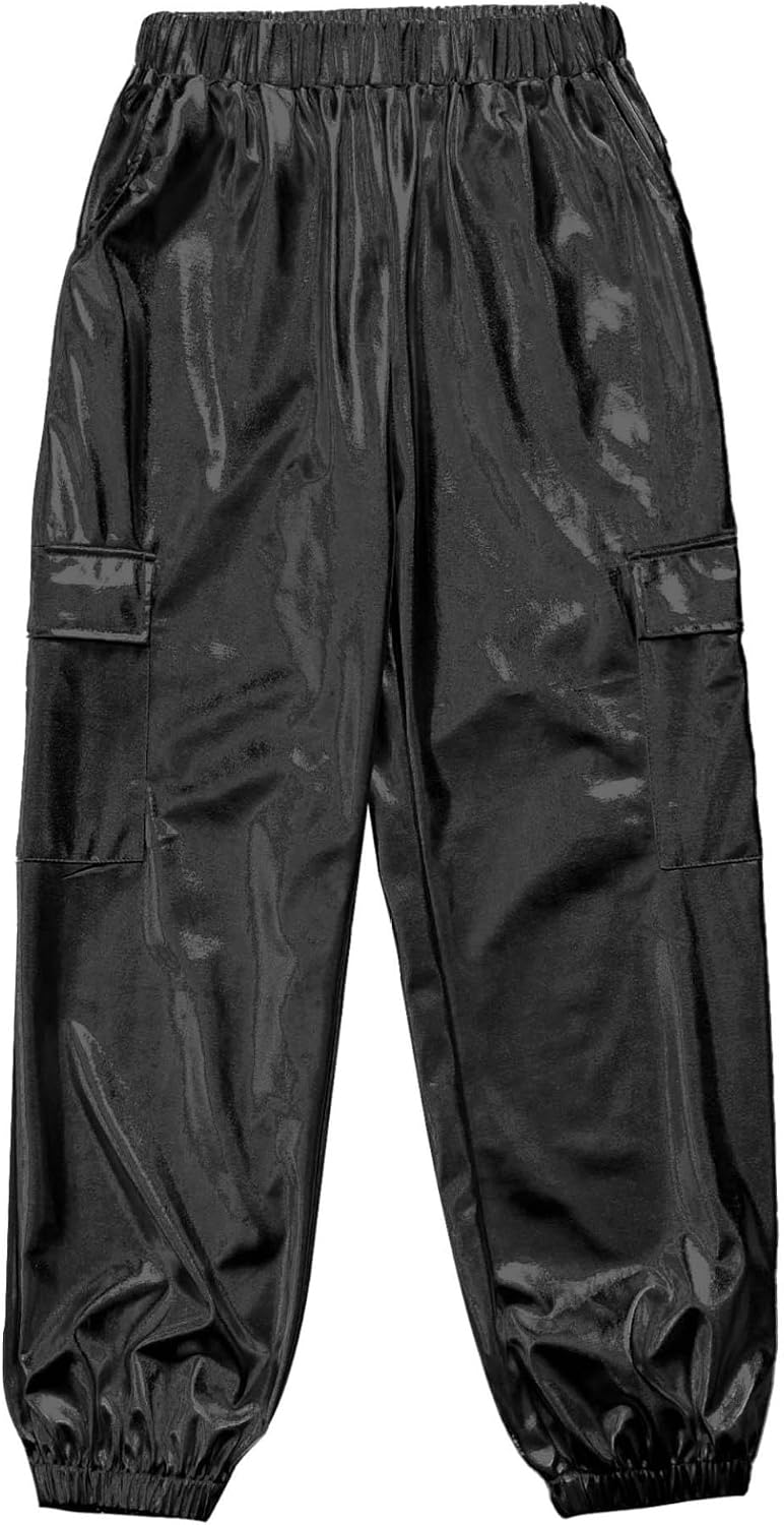 Linjinx Kids Girls Boys Shiny Metallic Jogger Cargo Pants Jazz Hip Hop Street Dance Trousers for Performance Party