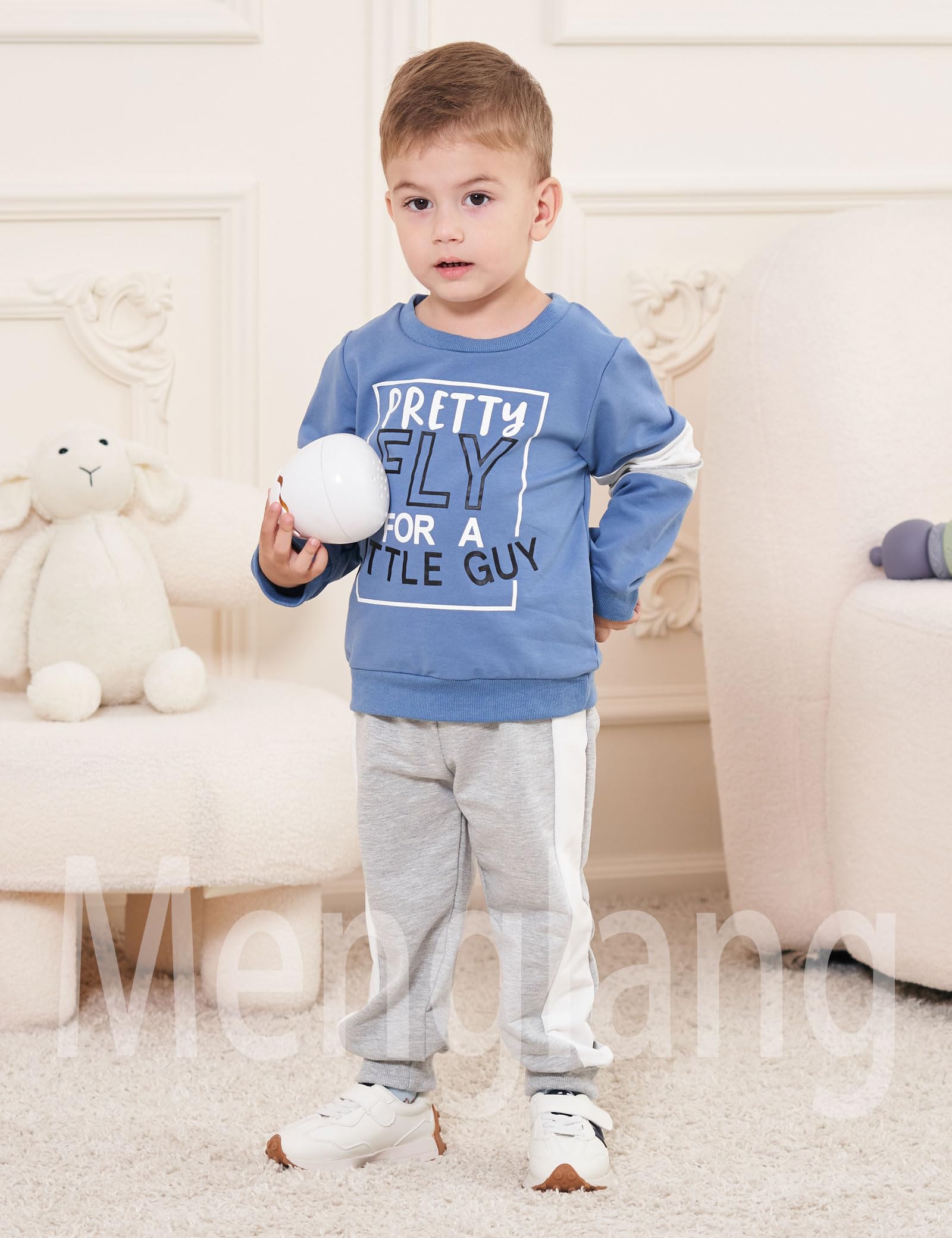 Menglang Toddler Boy Clothes Fall Winter 2-Piece Long Sleeve Letter Top and Pant Set for Boys (Blue Grey, 3-4T)