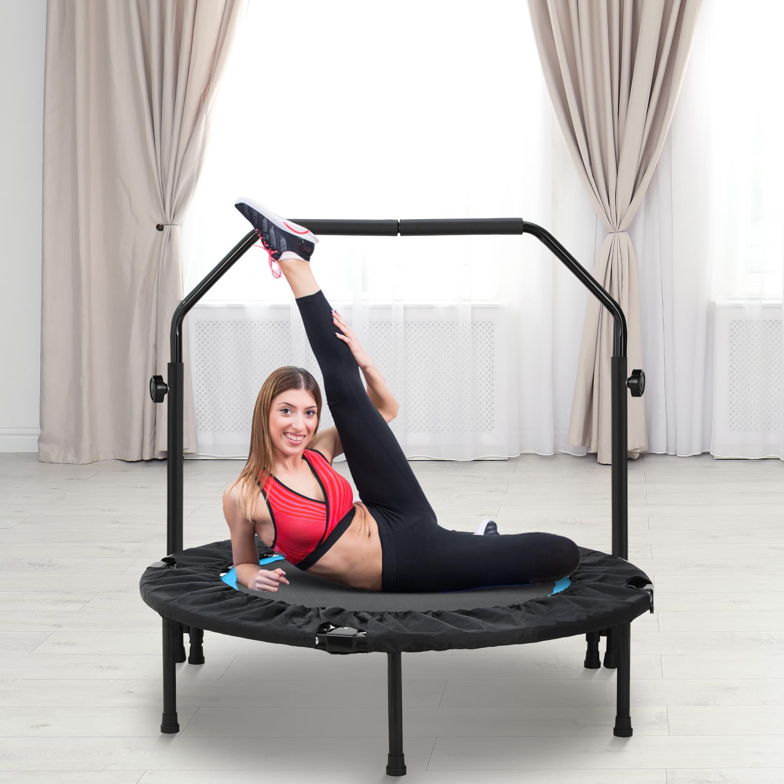LIFERUN Trampolino elastico pieghevole per adulti e bambini, diametro 101 cm, capacità 150 kg, corrimano regolabile