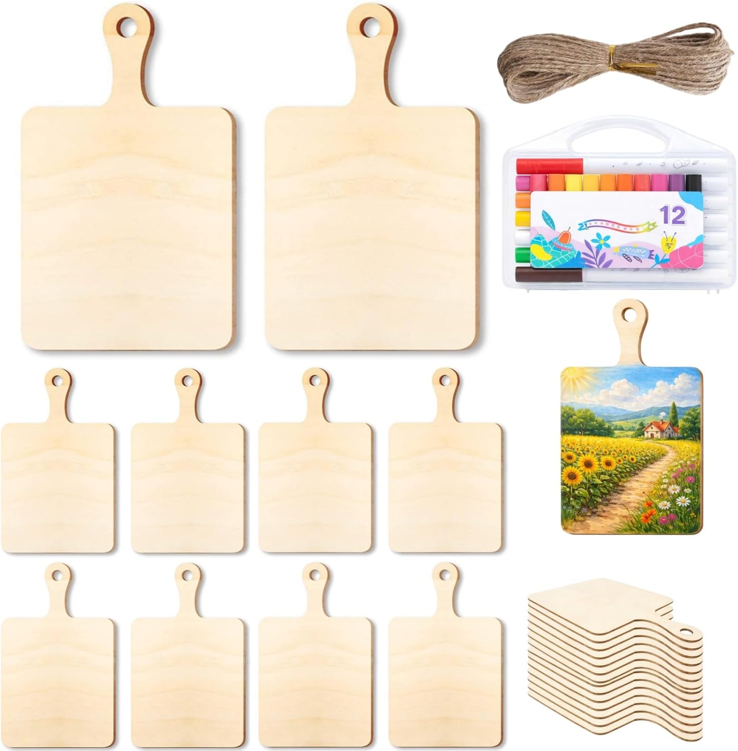 Premium Unfinished Wooden Cutting Boards, Food Charcuterie Boards, 16/24/30Pcs DIY Craft Set With Handles, Decorative Kit for Kitchen, Parties, Gifts&Home Decor (24pcs 9.05 * 5.51 * 0.11 inches)