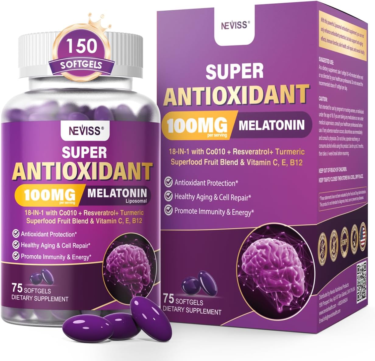 Melatonin 100mg for Antioxidant & Cognitive Health, Ultra High Dose Melatonin with CoQ10, Turmeric, Trans-Resveratrol, Vitamin B12 C E for Brain Anti-Aging, Cellular Repair and Energy, 150 Softgels
