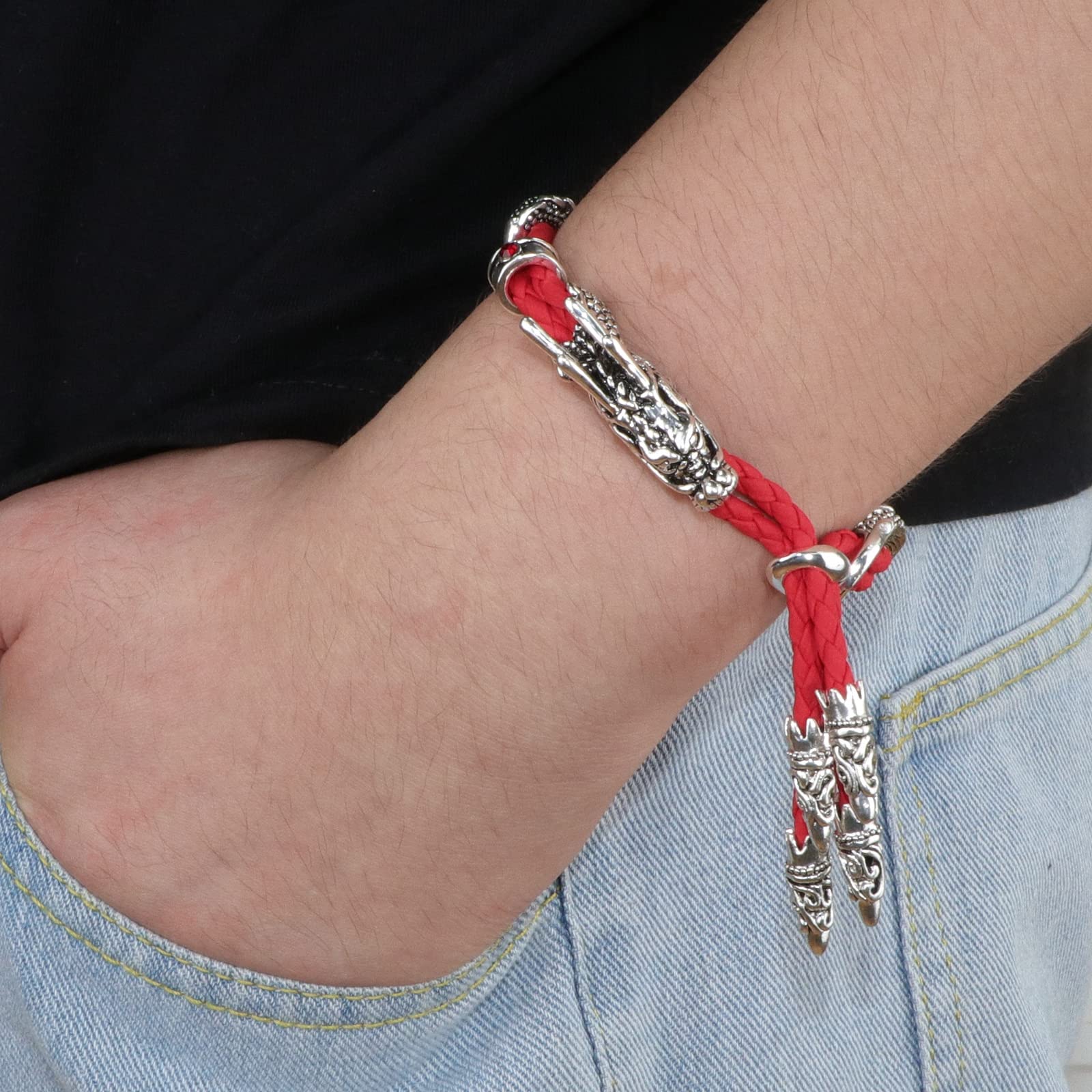 Pulseras de plata antiguas con estilo vintage con cuerda roja de cristal de diamantes de imitación de dragón para mujer, Acero aleado 4