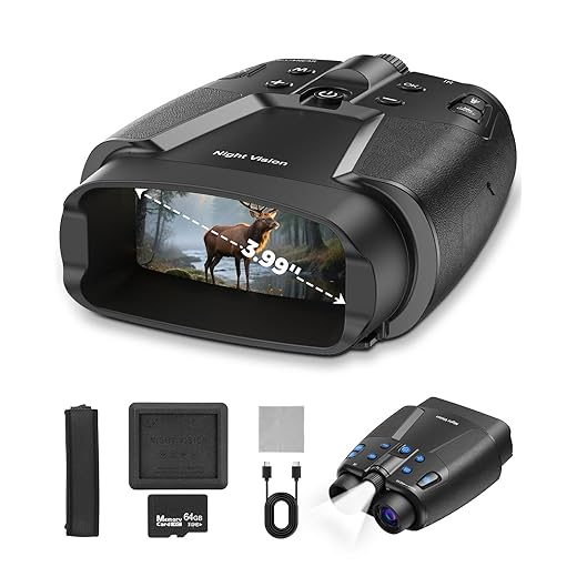 Night Vision Goggles for Adults, 4K Night Vision Binoculars with 10000mAh Rechargeable Battery, 3.99" HD Screen & 64GB Card, Infrared Binoculars for Hunting, Camping, Surveillance