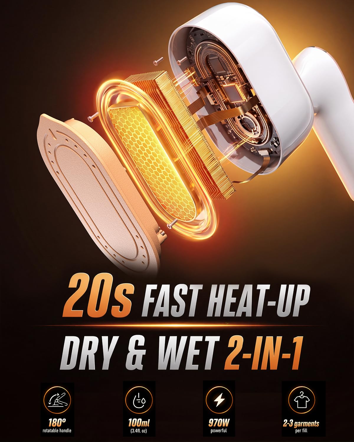 Steamer for Clothes, Handheld Portable Iron Steamer, 2-in-1 Dry & Steam, 180° Rotatable Handle, 20s Fast Heat-Up view 2