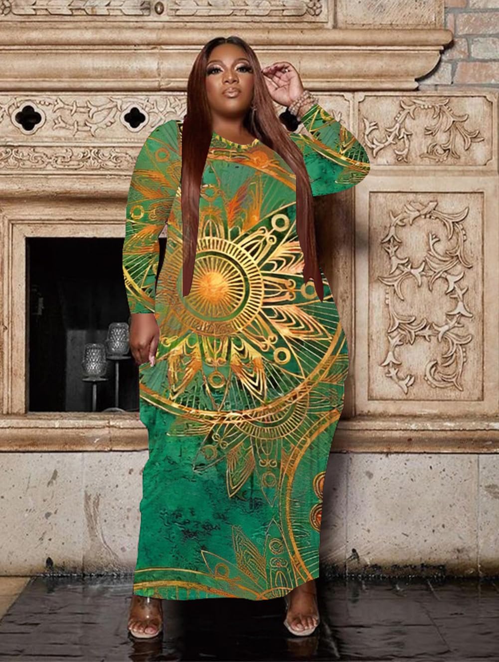 Women’s Casual Loose Plus Size Maxi Dress Graphic Print Long Sleeve Baggy Long T-Shirt Tunic Dress with Pockets - Image 3