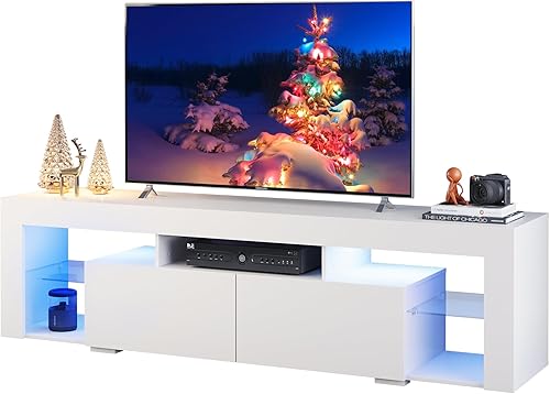 WLIVE Soporte de TV con luces LED, centro de entretenimiento con estantes abiertos, consola de TV con 2 cajones de almacenamiento para dormitorio,
