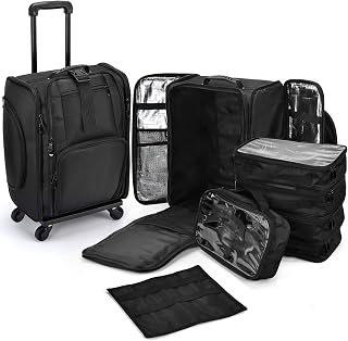 Costravio Rolling Train Case, Rolling Makeup Case Professional Soft Sided Travel Makeup Organizer Make up Storage Cosmetic Trolley Suitcase, With 5 Large Makeup Bag, Black Folding Hand Truck, Professional Black, Travel Makeup Case