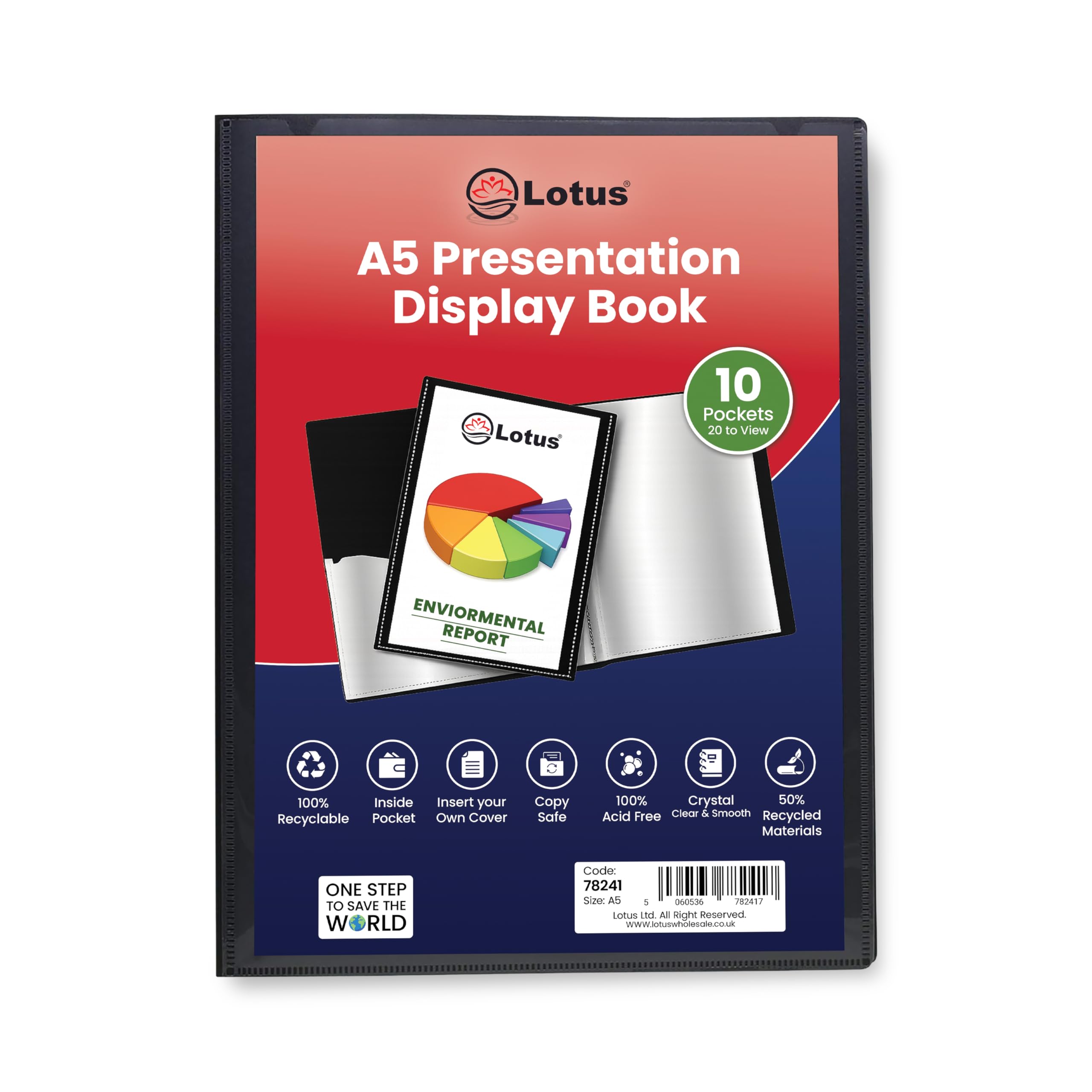 A5 Display Book 10 Pockets (20 Views) - Black Presentation Folder with Clear Plastic Sleeves - Portfolio, Certificate & Project Folder for School, Office & Interviews (Lotus)
