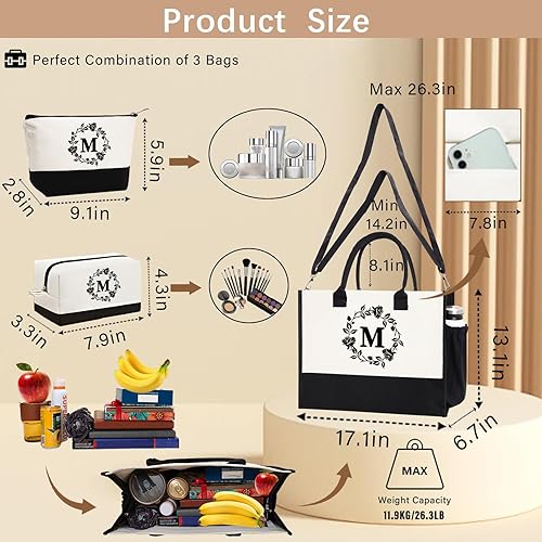 Miniatura 4 de Adyoung - Bolsas de mano con monograma, 3 bolsas de mano personalizadas con iniciales para mujeres, regalos de cumpleaños, bolsa de lona con letras