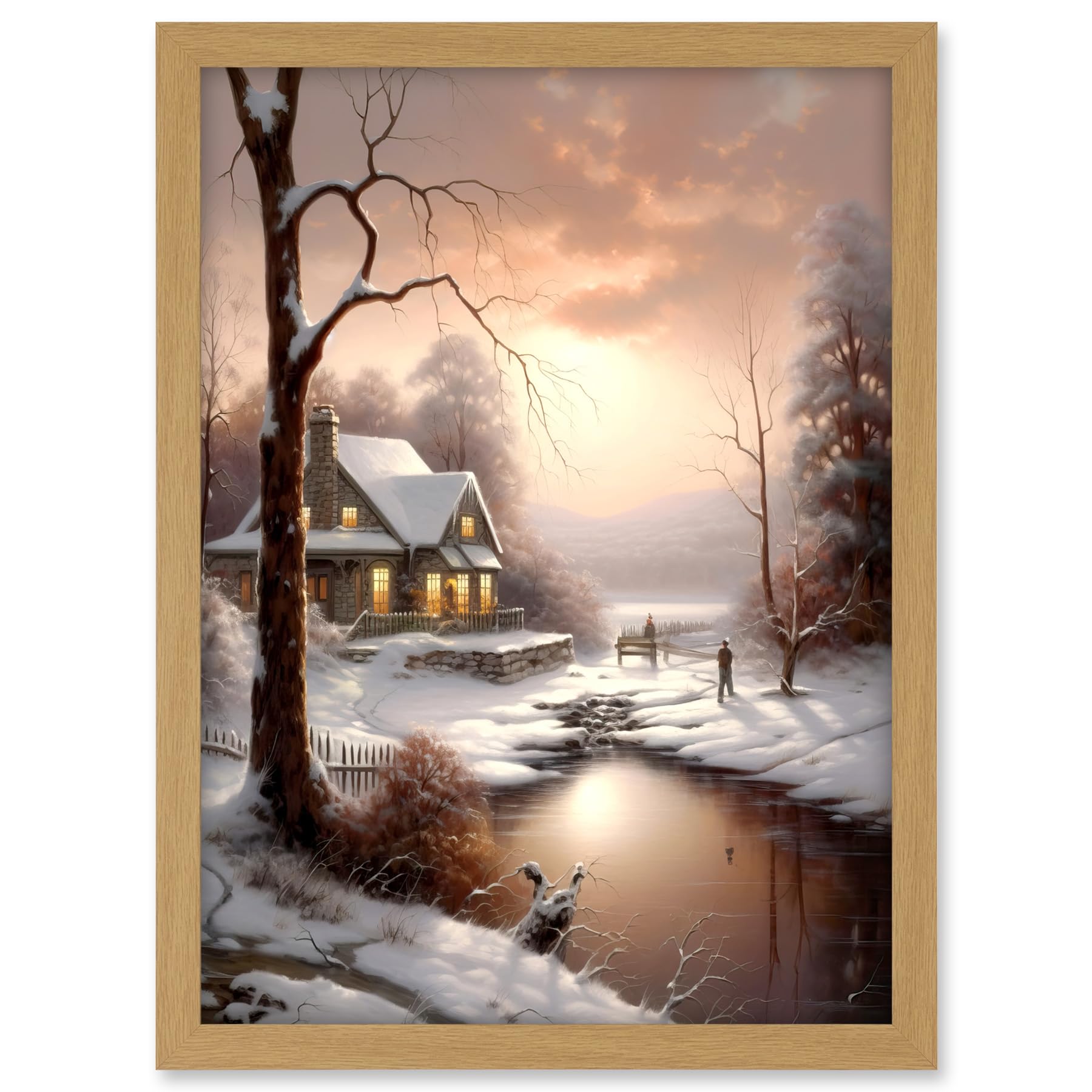 Artery8 Winter Cottage Landscape Oil Painting Snow Lake Sunset Snowy Trees Artwork Framed A3 Wall Art Print