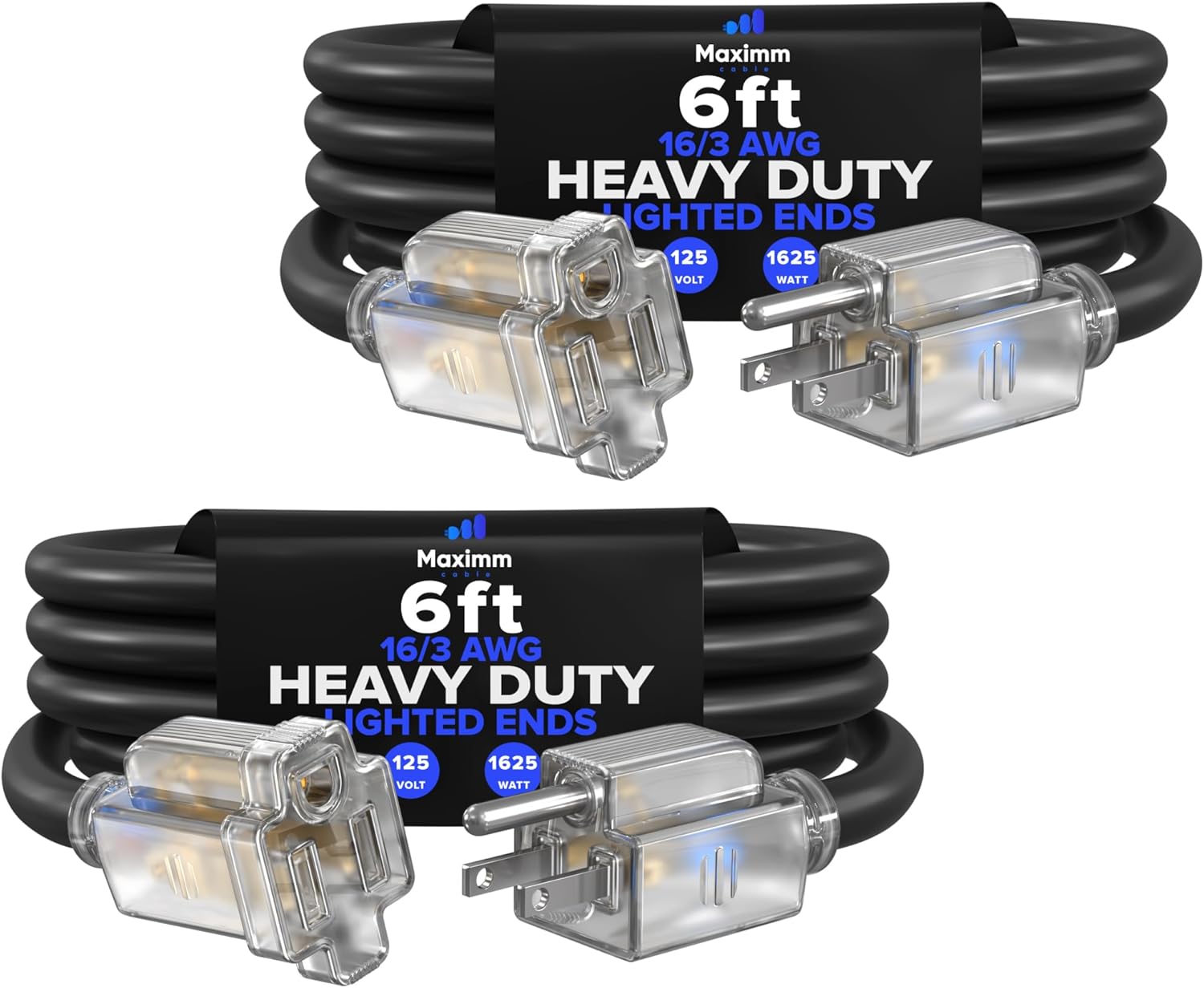 Maximm 6 Ft, 2 Pack, Black Extension Cord, 16 AWG 3-Prong, Lighted, Compact Indoor Power Cable – ETL Listed