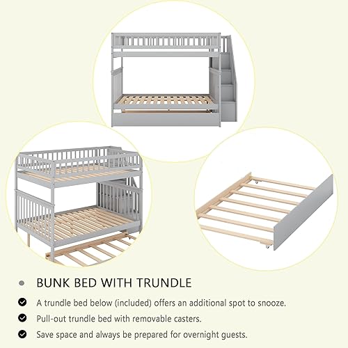 Miniatura 209 de Merax Litera de escalera individual sobre matrimonial con nido, escalera de almacenamiento y barandilla de longitud completa, litera de