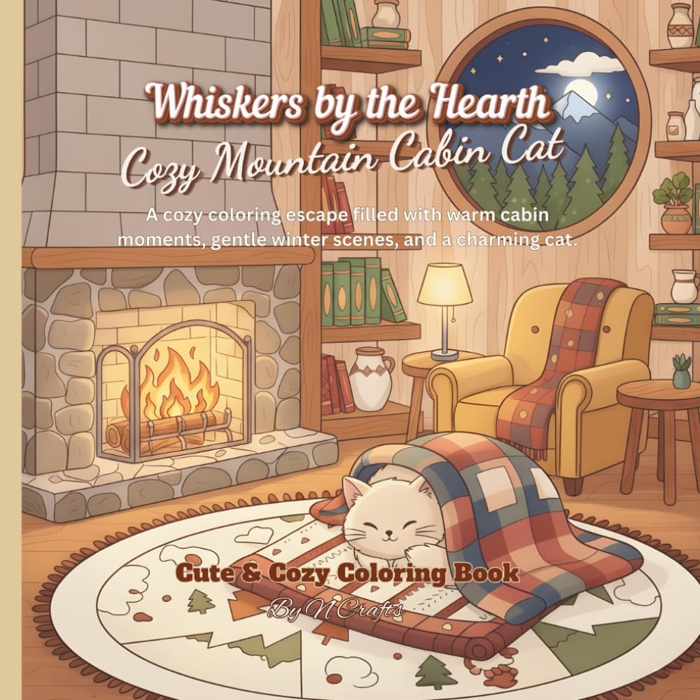 Whiskers by the Hearth: A Cozy Mountain Cabin Cat Coloring Book for Relaxation and Stress Relief
