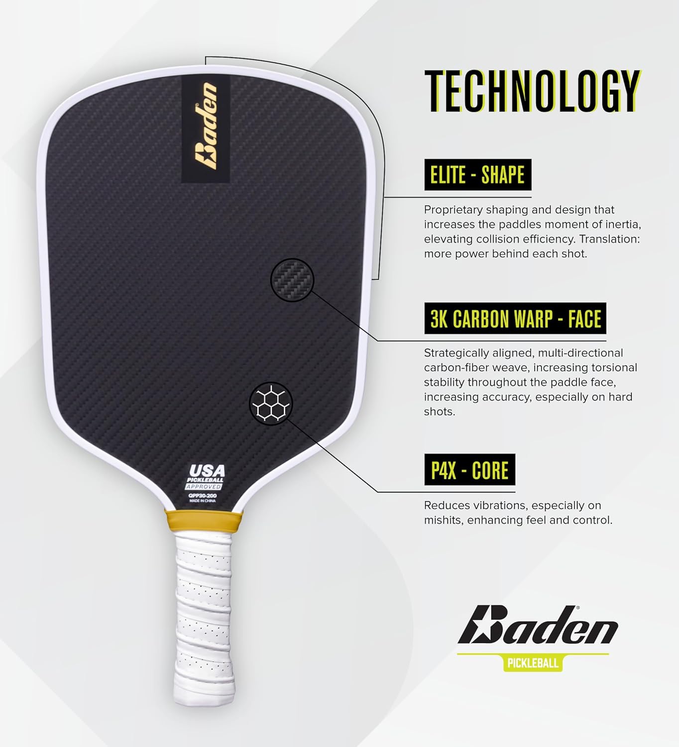 Baden Perfection 3K Pickleball Paddle, USAPA Approved, Multi-Directional 3K Carbon Fiber Weave Face for Torsional Stability, P4X Polypropylene Honeycomb Core for Strength & Durability,Black