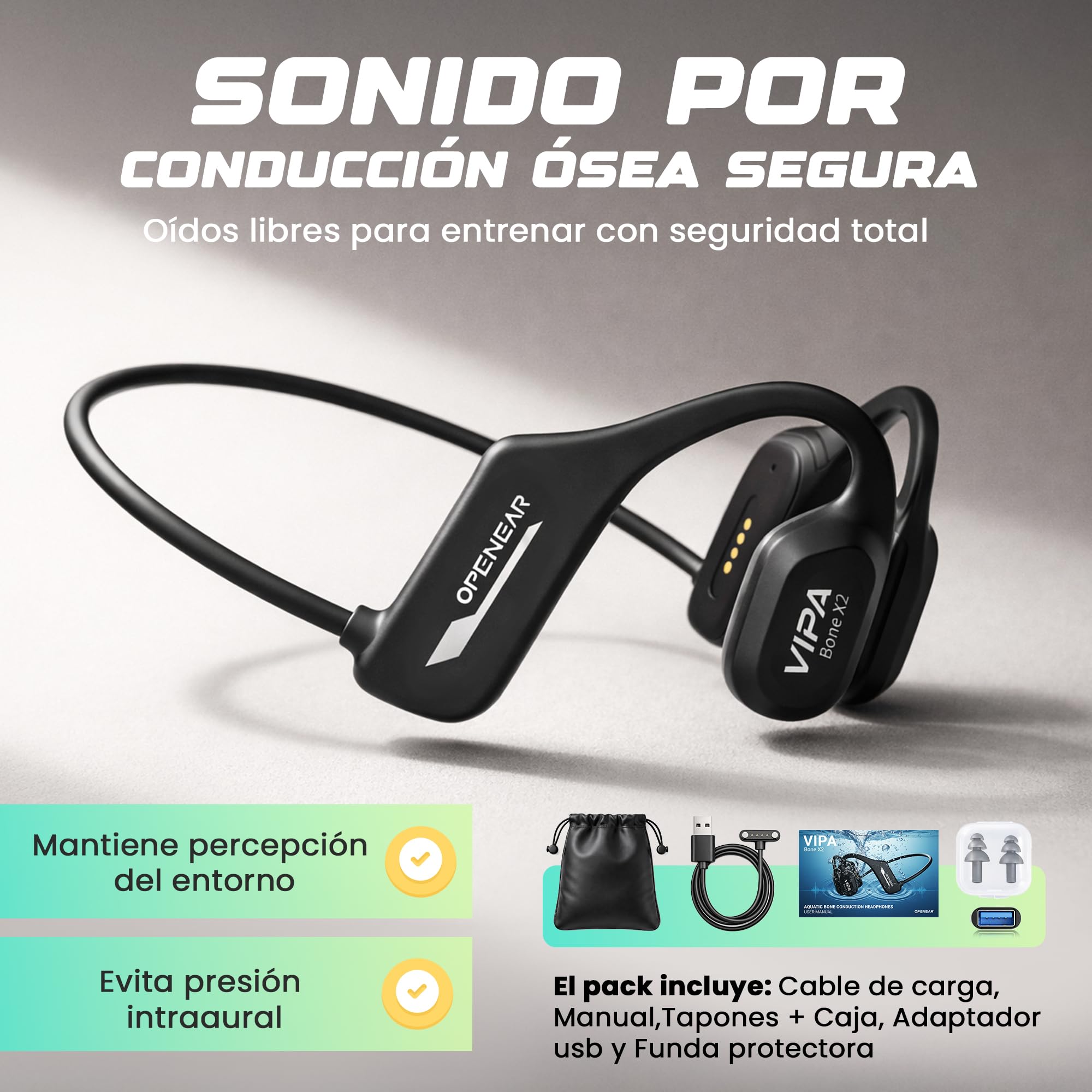 VIPA - Auriculares Natacion Bluetooth 5.3 - Auriculares Conduccion Osea con IP68 Resistente al Agua - Cascos Abiertos con 32G Mp3 para Nadar/Correr/Ciclismo con Micrófono ENC y 6H de Autonomía.