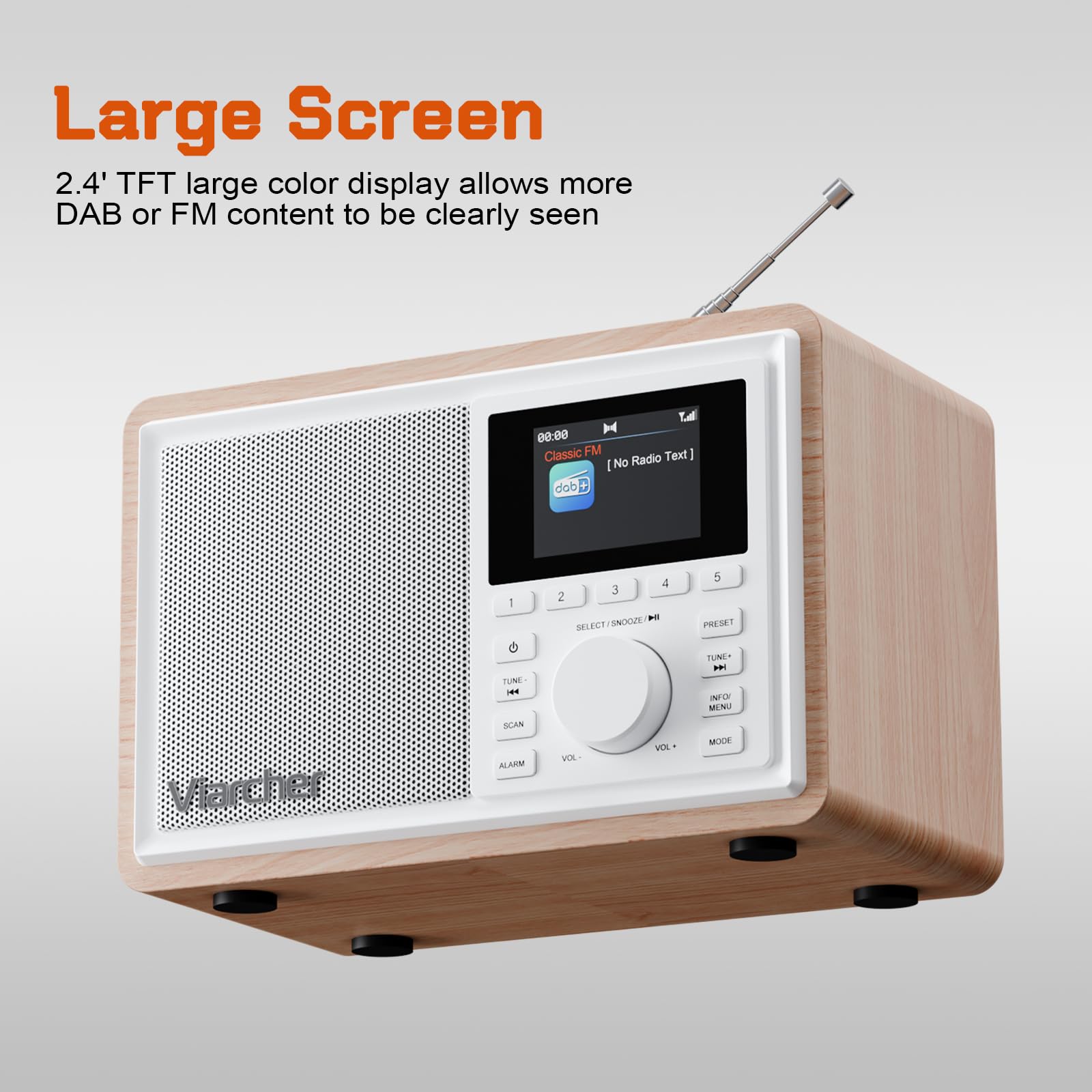 Radio numérique Dab/Dab+ & FM avec Bluetooth, Double Alarme, minuterie de Veille, 60 préréglages, entrée AUX, Prise Casque, écran Couleur 2,4'', Radio de Cuisine, Blanc/chêne