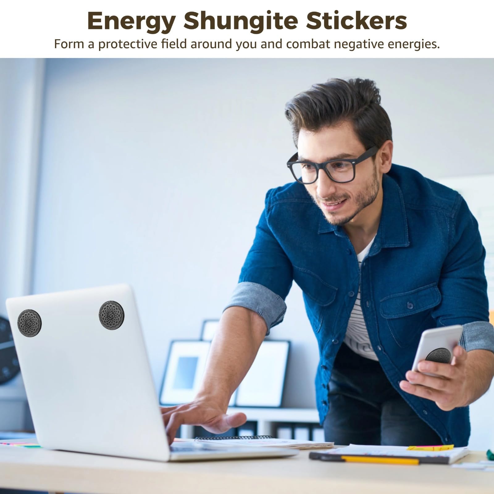 2 adesivi in shungite per smartphone, stile antico, design rotondo, schermatura emf per telefoni cellulari, simboli Ohm geometrici piastre di shungite