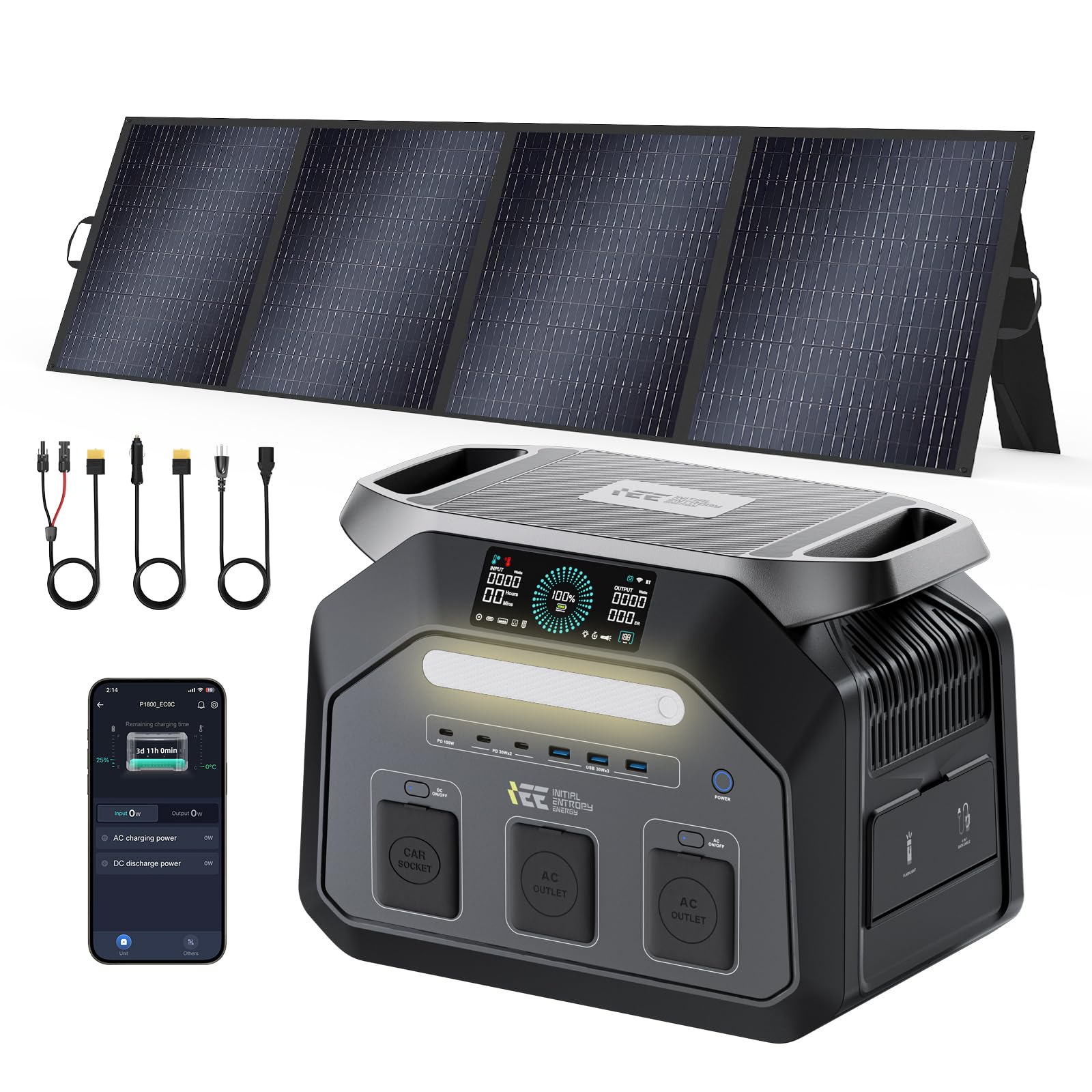 IEE 1800W Estación de Energía Portátil P1800 con 1 Panel 200W, Generador Solar 1024Wh, Batería LiFePO4, Carga Rápida 80% en 45min, APP, Power Station para Camping/Caravana/Emergencias