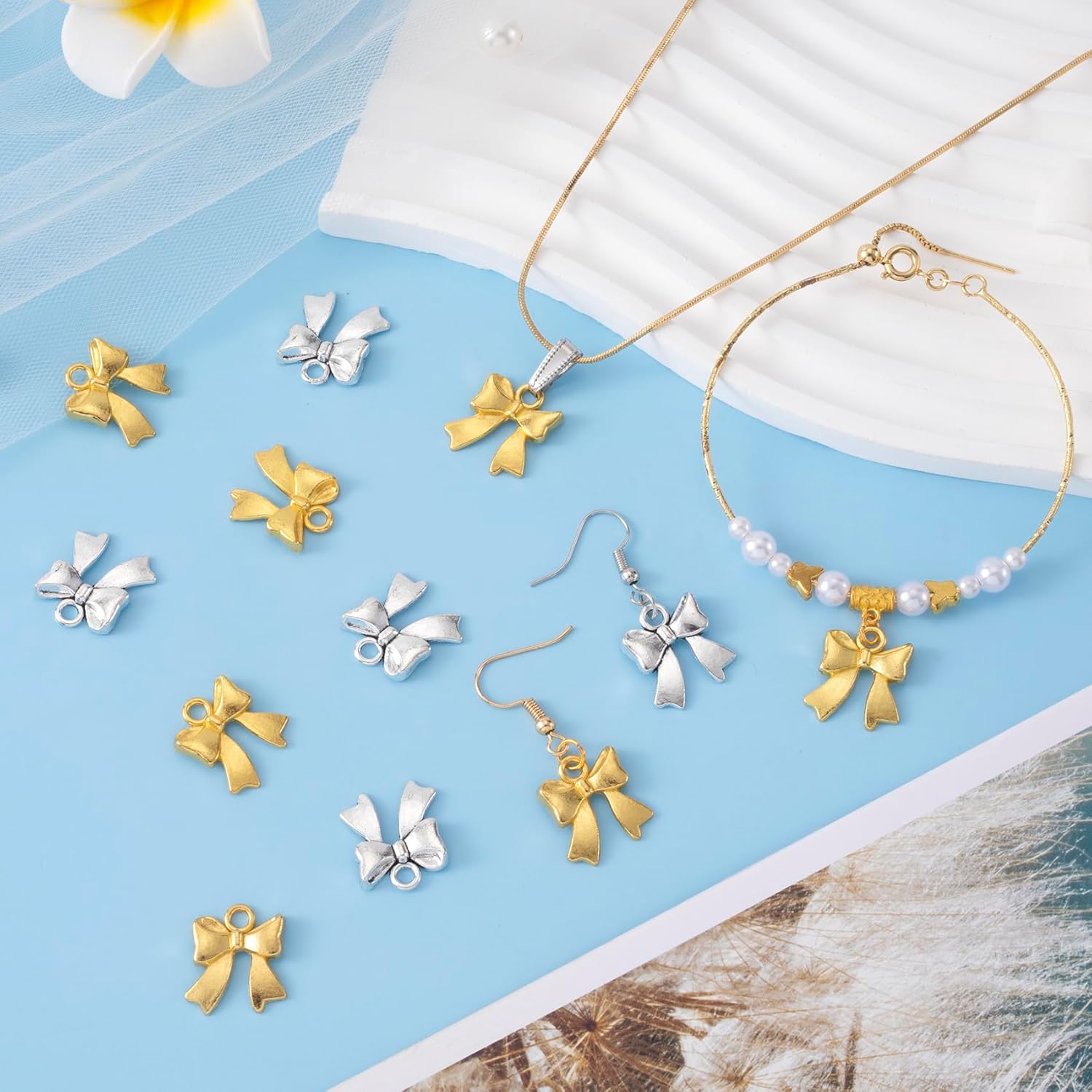 70pcs Bow Charms for Jewelry, Alloy Bowknot Pendant Charms, 3D Bowknot Art Craft Accessories for DIY Earring Necklace Decoration Crafts Nail Art Supplies - Sliver & Gold - Image 5