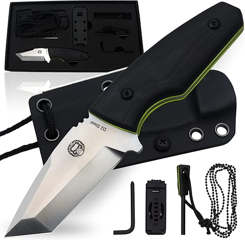 Cuchillo de supervivencia  Cuchillo de cuello Bushcraft para hombre, juego de regalo de hoja fija ambidiestro Kydex y varilla ferro  Hoja EDC D2 de