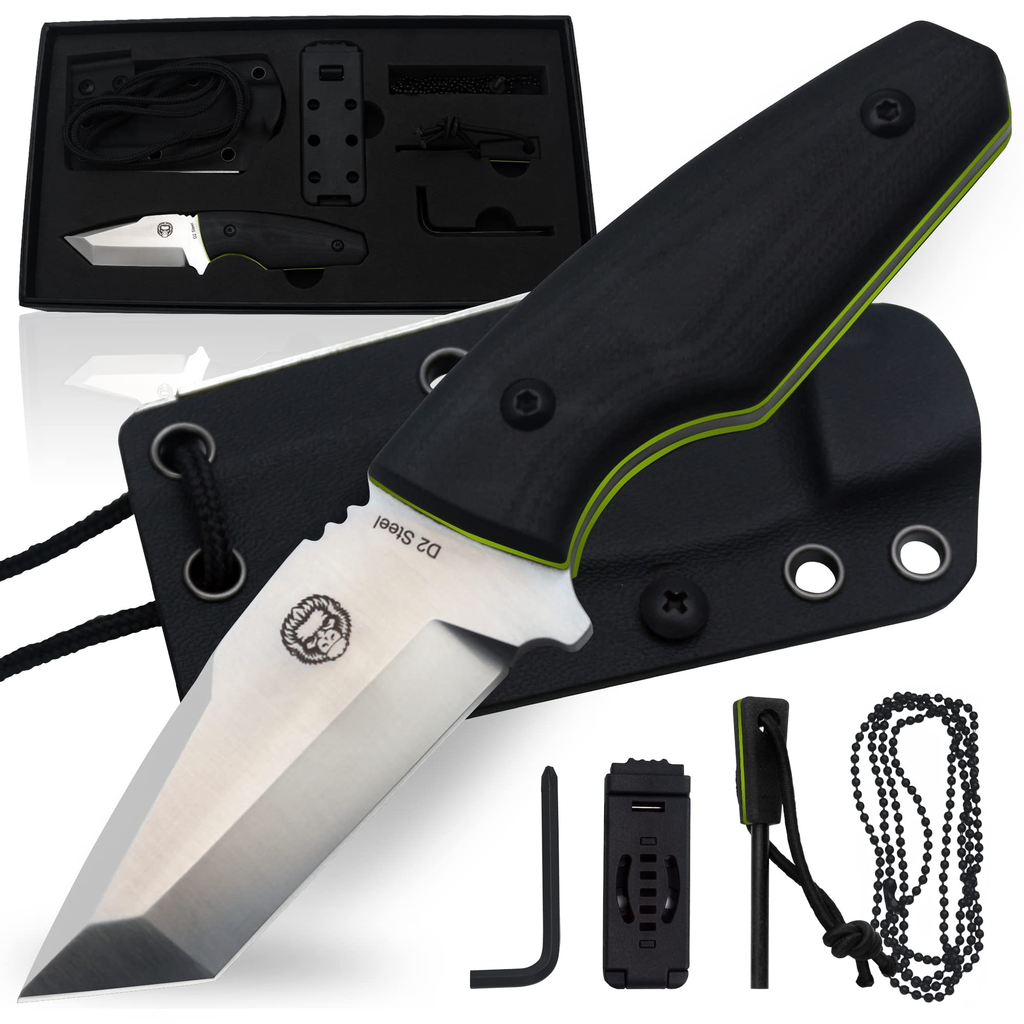 Holtzman's Gorilla Survival Tanto Fixed Blade Neck Knife with Kydex Sheath & Ferro Rod (Silver+Green) - Ideal for Outdoor Activities and Everyday Carry