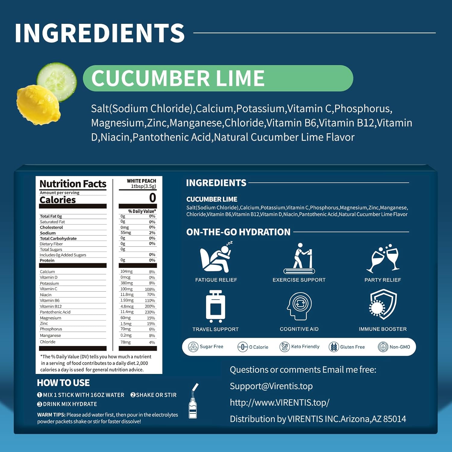 16 Sticks Electrolytes Powder Packets Sugar Free Hydration Packets, Liquid Daily IV Electrolyte Drink Mix for Rehydration with 8 Electrolytes & 6 Vitamins, 0 Calorie, Low Sodium,Cucumber Lime - Image 2