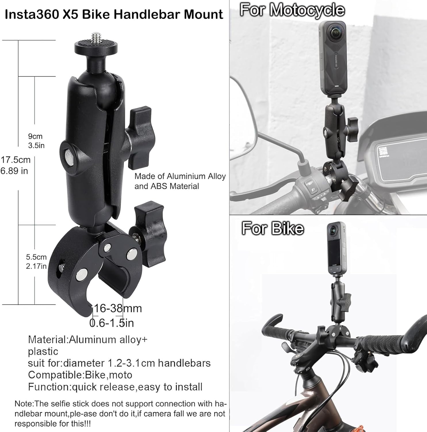 PULUZ Motorfiets & Fiets Stuurbeugel – Dubbele Krabklem + 150cm Selfiestick Voor Insta360, GoPro & Actioncamera's